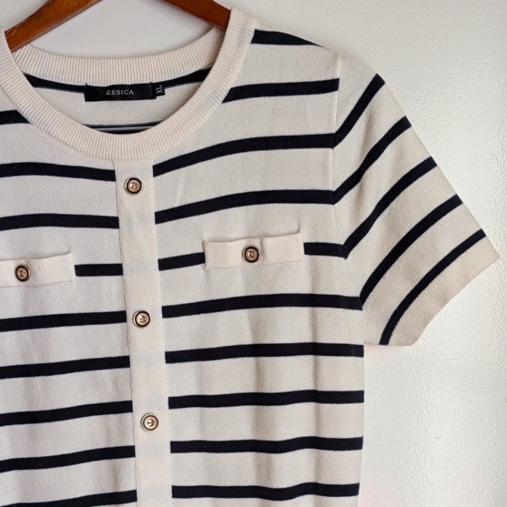 Zesica Midi Striped Crewneck Short Sleeve Knit Button Pleated Swing Dress XL - Picture 4 of 16